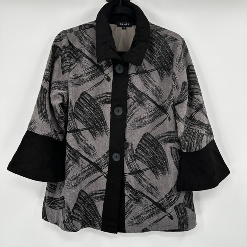 Damee Gray & Black Abstract Brushstroke Trench Coat